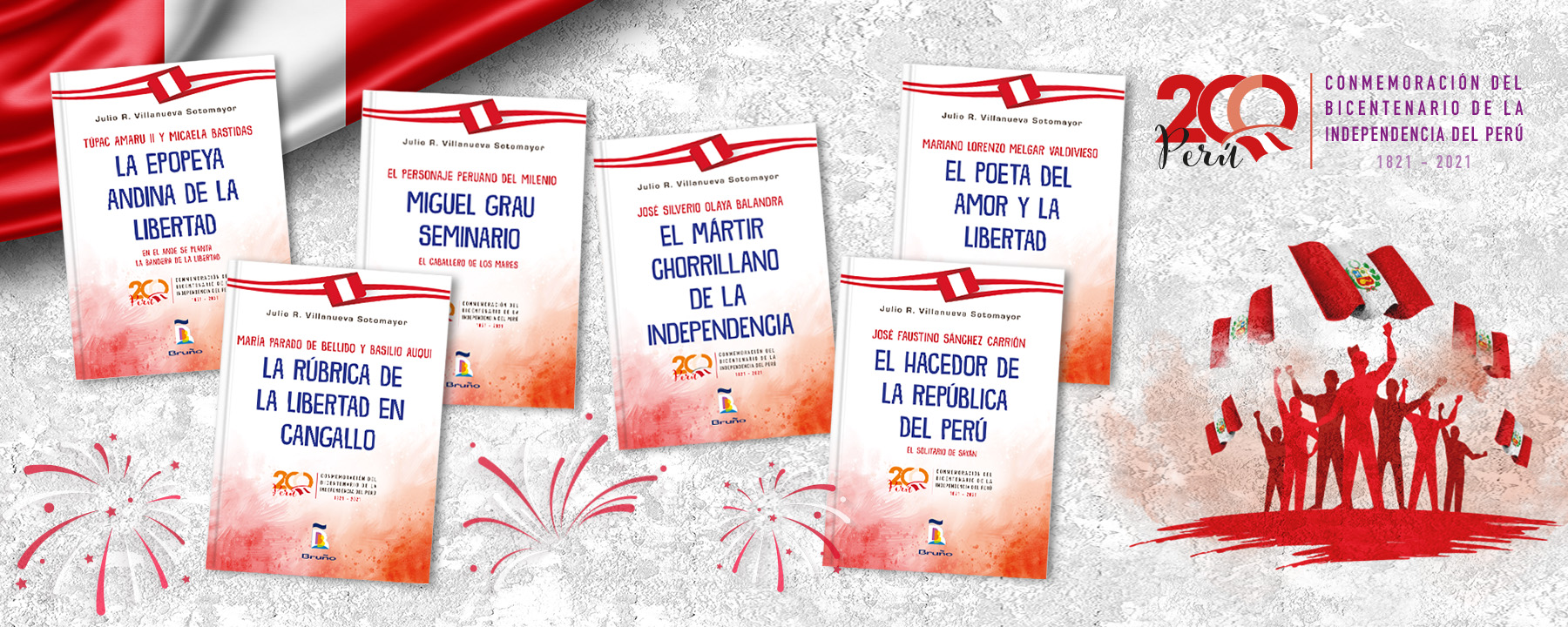 Libros conmemorando el bicentenario de la independencia del Perú.